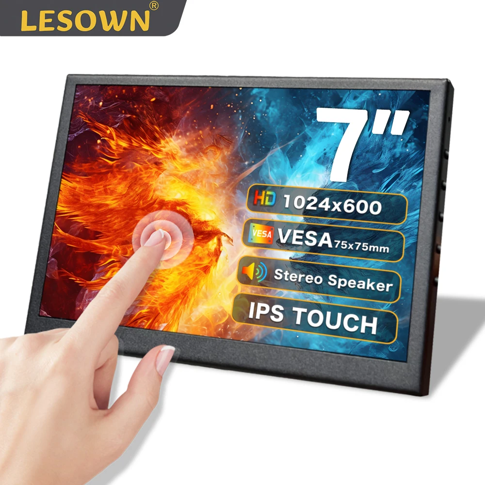 

LESOWN HDMI Small Monitor HD 1024x600 IPS Touch LCD Second Screen Portable Display for Camera Raspberry Pi PC Build in Speakers