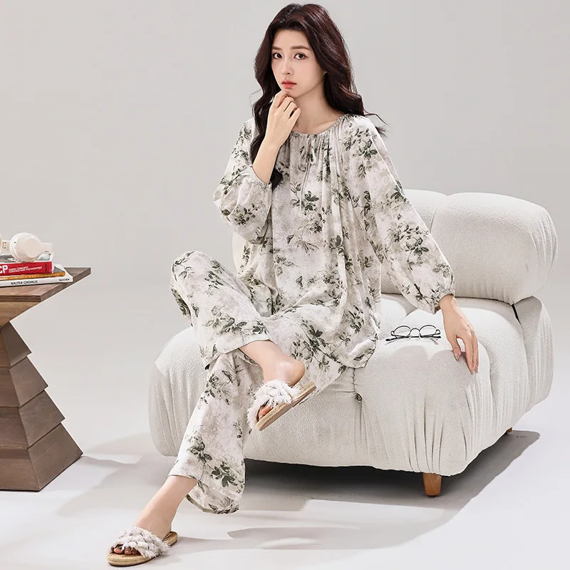 Women's Autumn Summer Pajama Set Satin Viscous Soft Pullover Pants Two Piece Home Clothes Ladies
