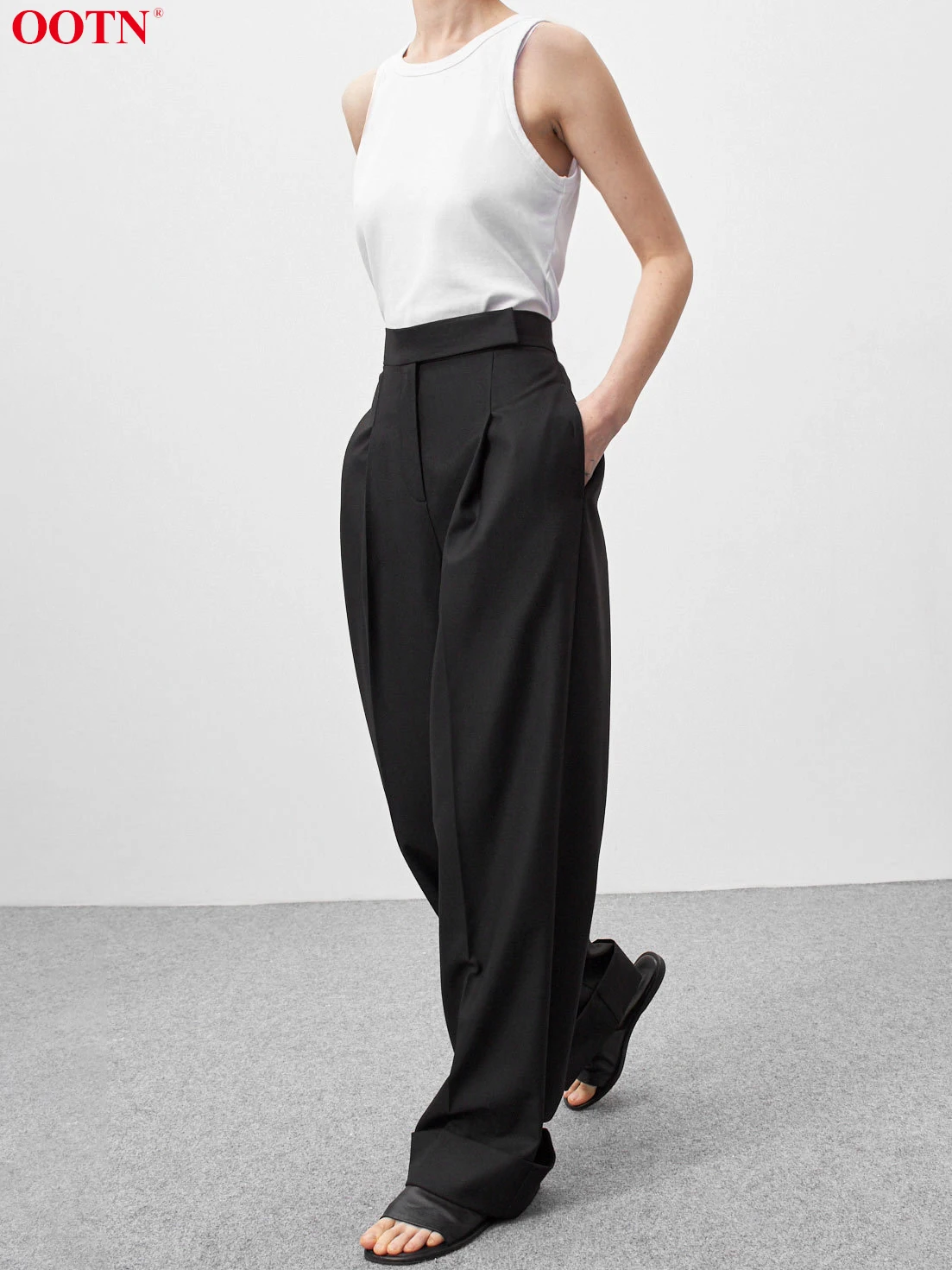 OOTN Black Pleated Palazzo Pants Women Spring High Waist Casual Trousers Work Wear Floor-Length Loose Office Ladies Pants 2024