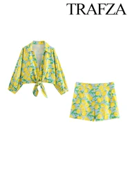 TRAF Women's Lemon Printed Casual Suit Rope Knot Embellished Lapel Top High Waisted Shorts Linen Blend Holiday Women's Suit