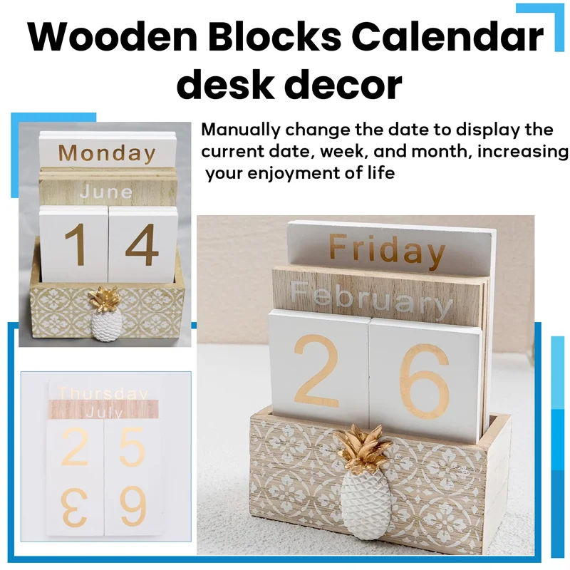 A59E-Kalender Blok Meja Flip Kayu, Tampilan Kalender Papan/Meja Abadi, untuk Dekorasi Rumah/Kantor, 11,5X6,5X14,5CM