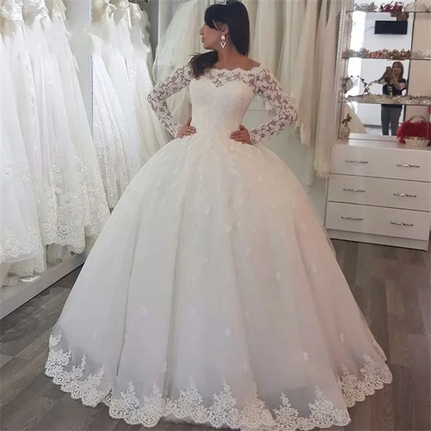 

Flavinke Customized Elegant White Appliuqes Long Sleeves Puffy Wedding Dresses Ball Gowns Princess Bridal Gown Vestido de Novia