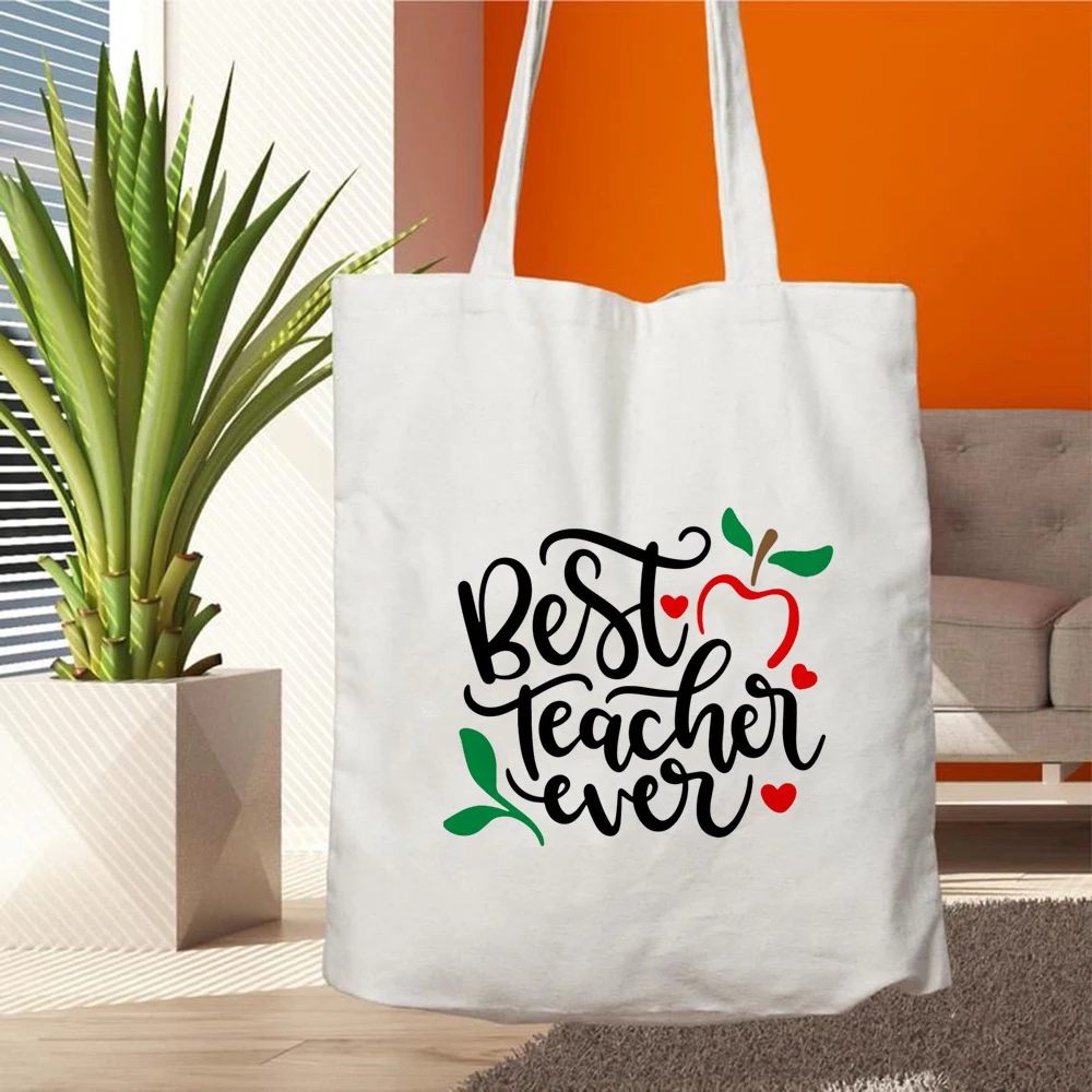 Best Teacher Ever Canvas Tote Bag, Apple Print Shoulder Bag, Teacher Appreciation Gift for Back To School, Daily Use Handbag