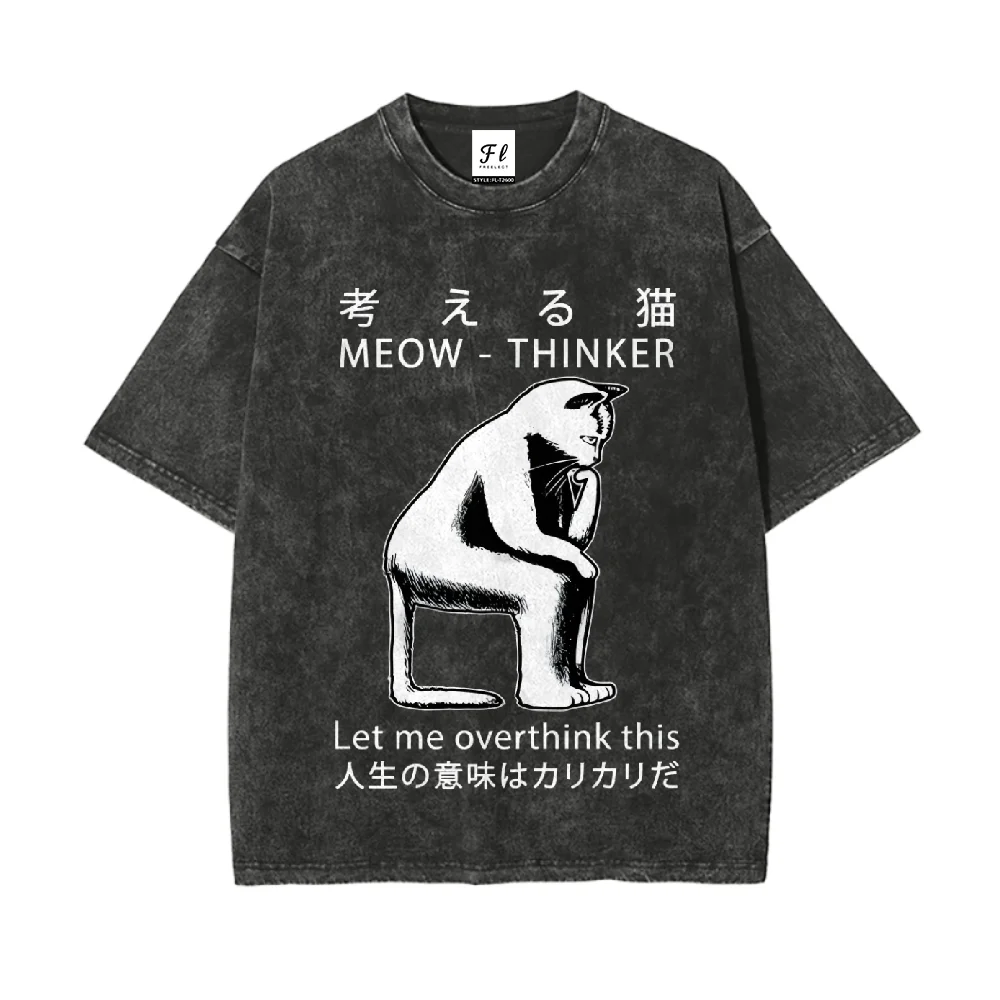

Thinking Cat Print T Shirt Unisex Loose Crewneck Cotton Top Trendy Harajuku Streetwear Fashion Soft Lightweight Tee for Men Wome