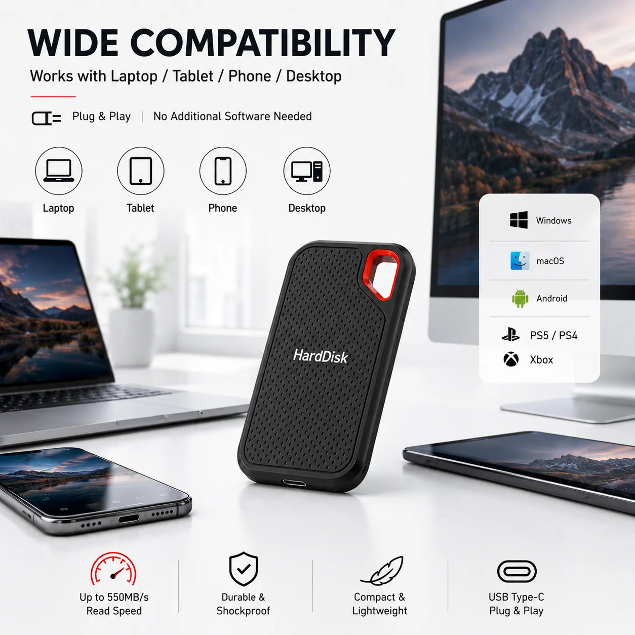 Handy Portable External Hard Drive 1TB 2TB External Hard Disk Data Storage Device For Laptop Desktop Smartphone
