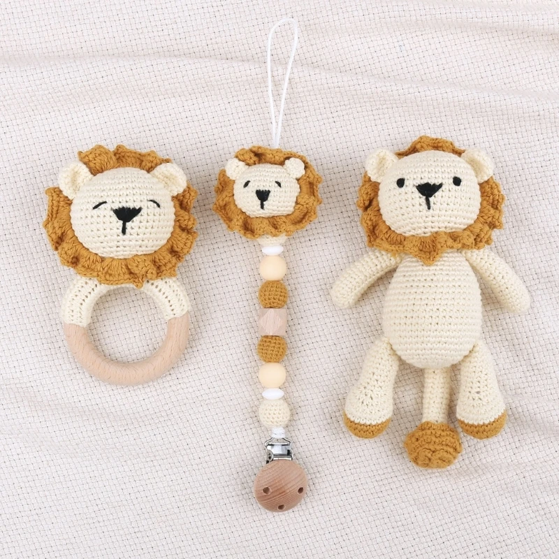 1/4pcs Handmade Crochet Baby Lion Animal Stuffed Dolls Newborn Lion Rattle Toy Wooden Lion Teething Ring Pacifier Chain Clips