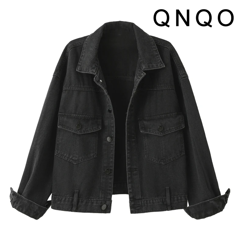 QNQO Black Denim Jacket for Women Pocket Patchwork Single Breasted Casual Coat 2024 New Turn-down Collar Fashion Female Jackets