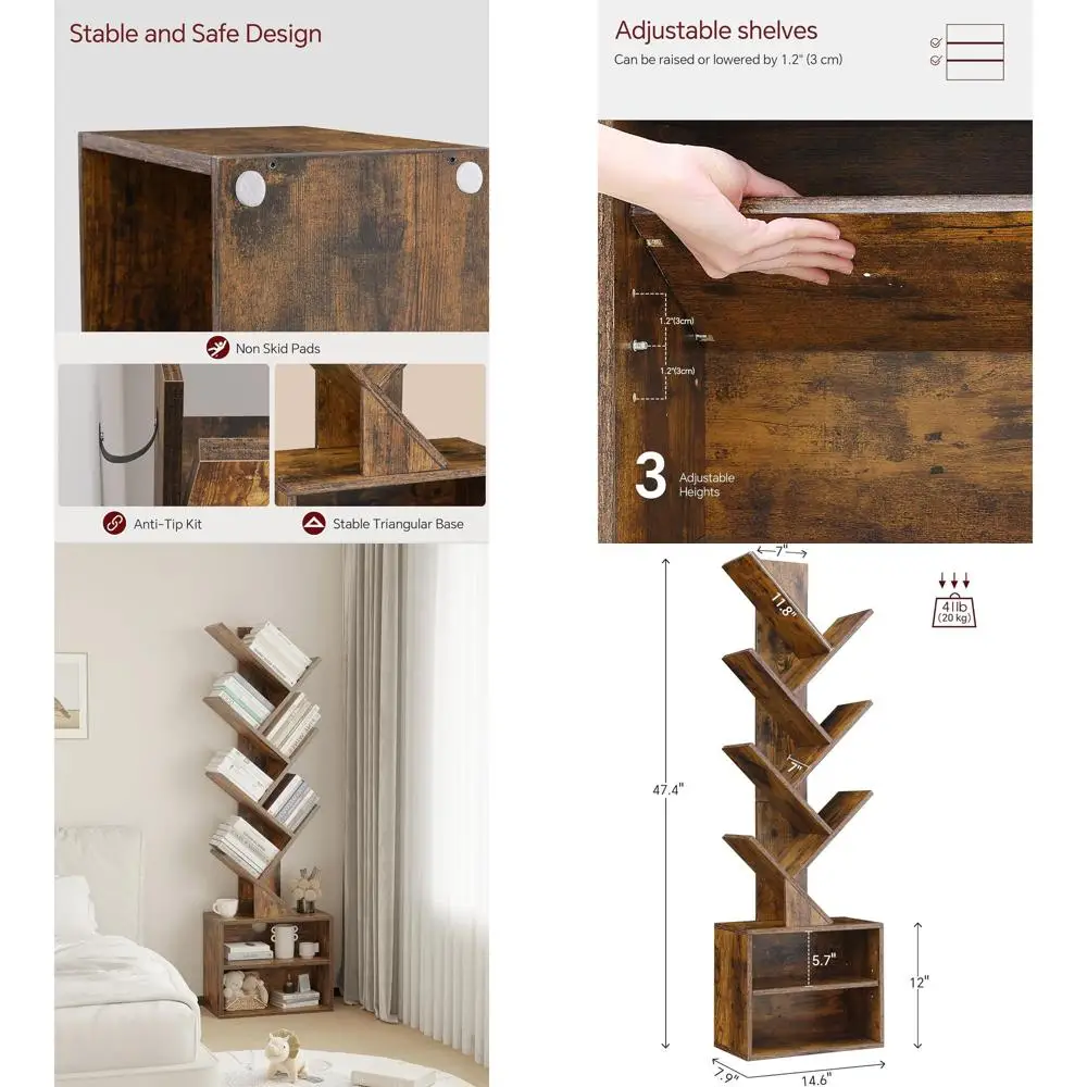 

6-Tier Wooden Bookshelf with Storage Cabinet, Tall Narrow Shelving Unit for Home Office or Living Room, Rustic Brown