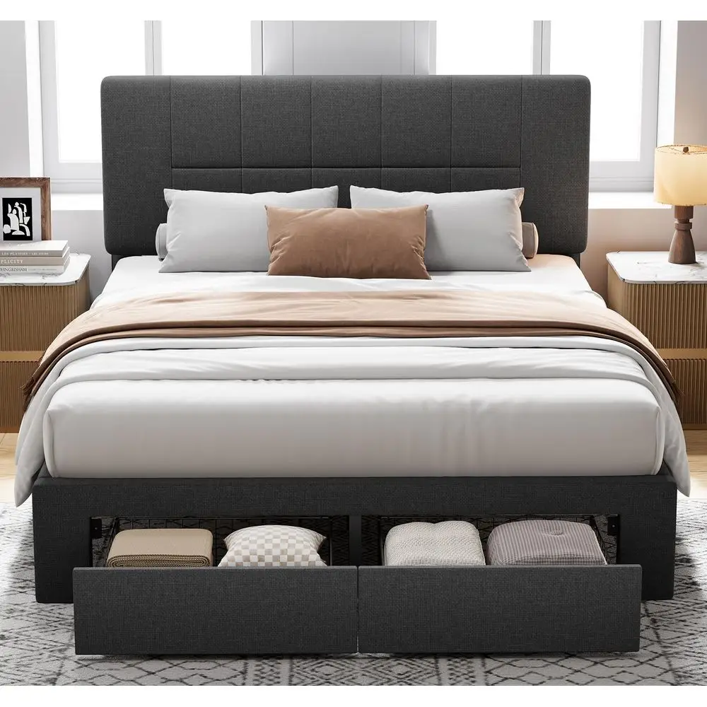 Queen Bed Frame with 2 Storage Drawers, 12 Sturdy Legs, Solid Wooden Bed Base with Upholstered Headboard for 6 to 12 Mattresses