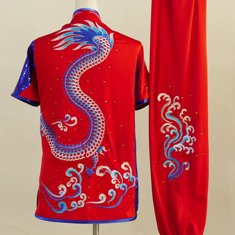 Custom Changquan Nanquan Martial Arts Uniform Dragon Embroidery Sequin Kids Adults Competition Performance Costume Men Women