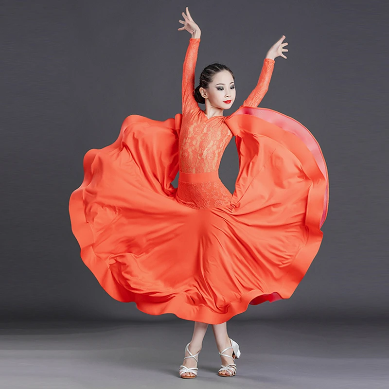 

Standard Waltz Dancing Clothing Ballroom Performance Costume Suit Long Sleeve Lace Leotard Stitching Skirt Practice Wear VDB5659
