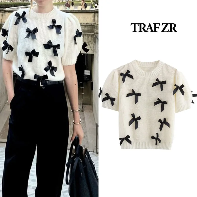 TRAF ZR Pullovers O-neck Short Sleeve Collar Knit Elegant and Beautiful Women's New in Vintage Casual Tops Shorts Pullovers