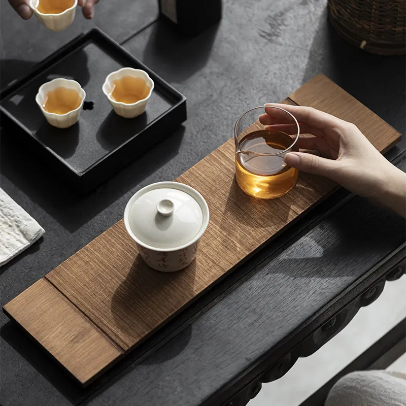 Teak rectangular tea tray, cup rack, minimalist wabi-sabi style, solid wood household dry-brewing table teapot, tea tray