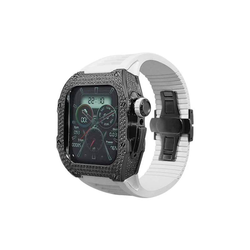 Boîtier de montre de luxe en acier inoxydable, avec bracelet en caoutchouc fluoré, pour Apple Watch, avec zircons pour la série iWatch