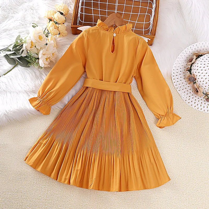 New Autumn Girls Dress Spring Kids Princess Dress 4-7 Years Yellow Lace Pleated Long-Sleeved Dress With Belt Girls Baby Clothing