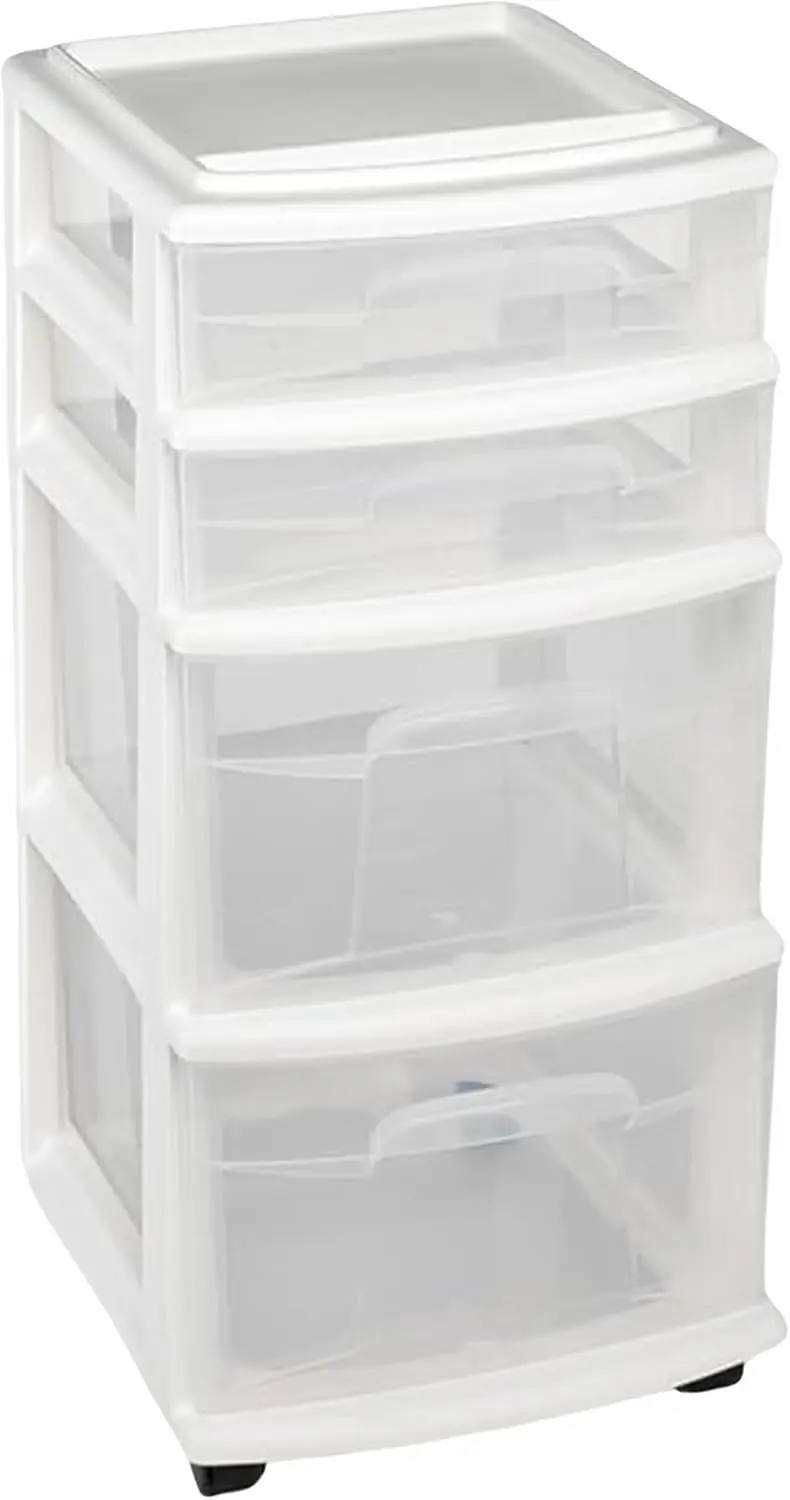 

Clear Plastic 4 Drawer Medium Home Organization Storage Container Tower w/2 Large & 2 Small Drawers, White Frame