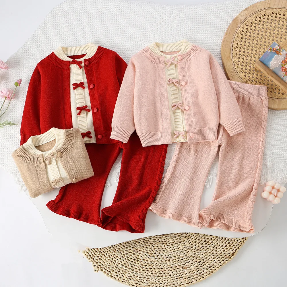 

Girls Knitted Clothes Sets Spring Autumn Children Woolen Jersey Sweaters Tops Pants 2pcs Princess Suit For Baby Knitted Outfits