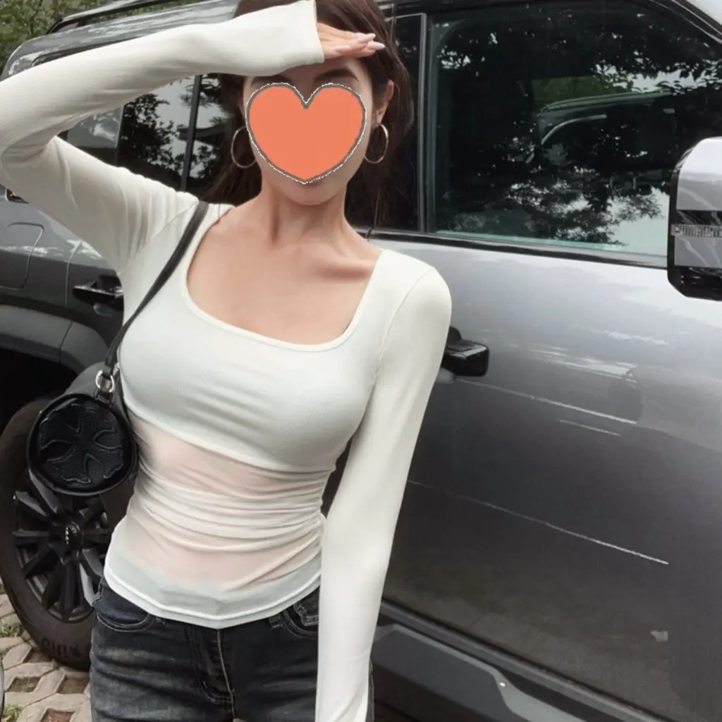 

Women's Slim-fit Long-sleeved T-shirt Mesh Stitching Design Pure Desire Sexy Top for Autumn All-match Spice Girls Style