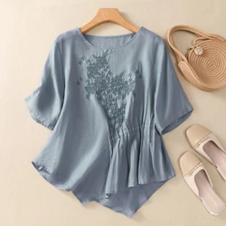 Cotton Linen Chinese Style Women's Shirt Summer Embroidery Vintage Blouses Loose Short Women Tops O-neck Clothing 2024 Korean