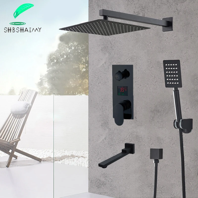 

SHBSHAIMY Matte Black LED Digital Display Shower Faucet Set 8" 10" 12" 16"Rain Waterfall Black Bathtub Hot and Cold Mixer Tap