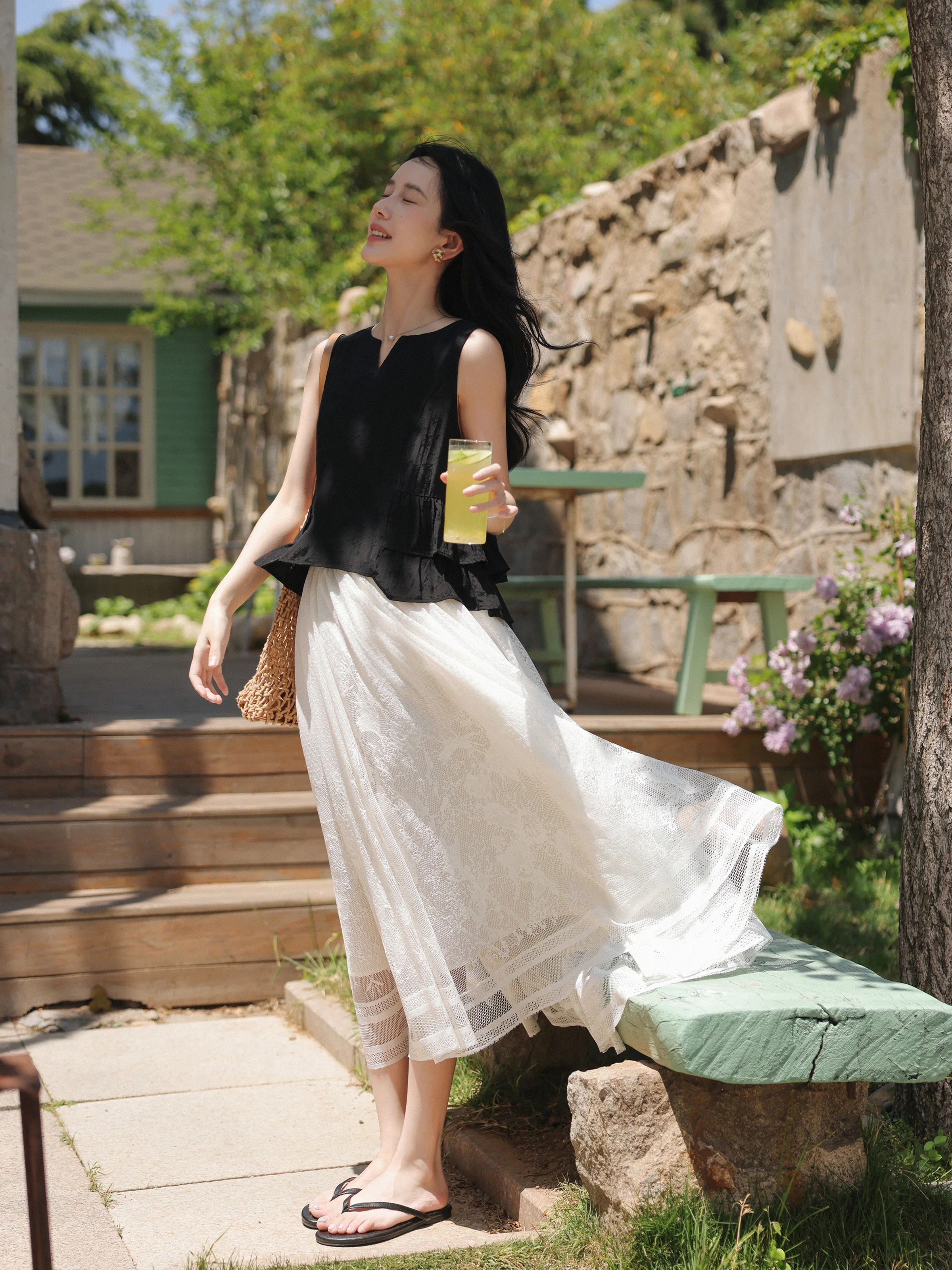 Sweet Black Ruffle Sleeveless Blouse Lightweight V Neck Summer Top Women Korean Style Short Slim Fit Shirt Daily Vacation Wear