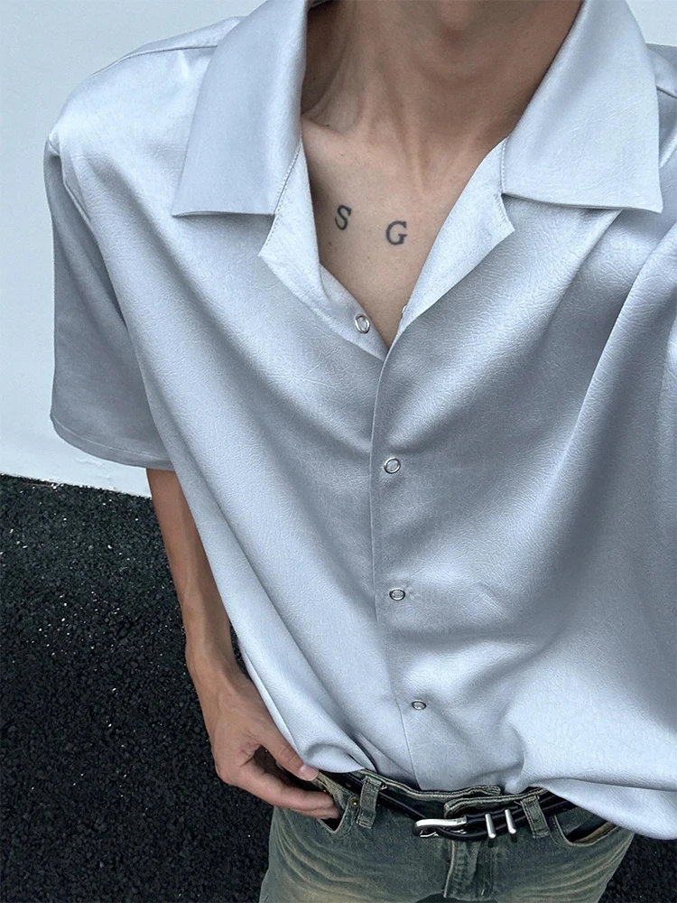 

Cuban Collar Ice Silk irt Men's ort Sve Loose Fit Anti-Wrinkle Drapey CleanFit Polyester Fiber Five-Quarter Sve