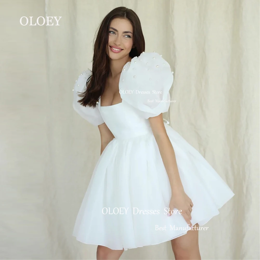 

OLOEY Elegant Square Collar Short Wedding Dress Puff Sleeves Pearls A Line White Bridal Gown Formal Prom Soft Tulle Gowns Custom