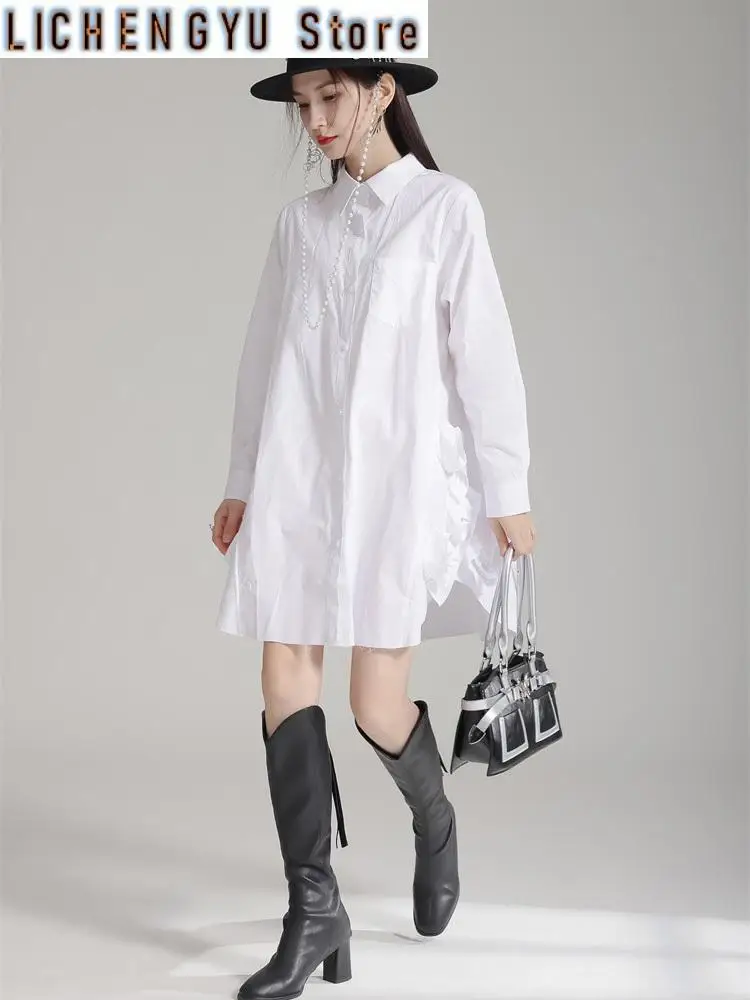 Women White Black Side Flower Big Size Long Blouse New Lapel Long Sleeve Shirt Fashion Tide Spring Autumn