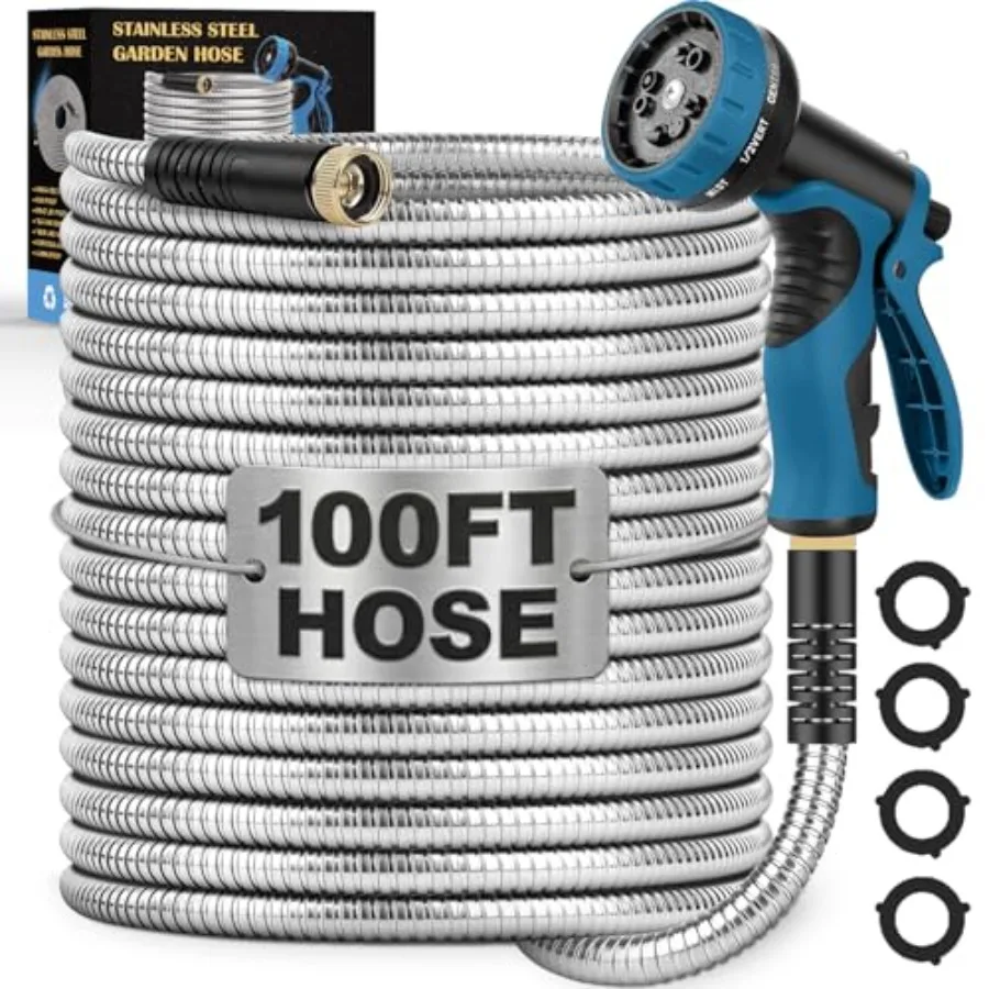 

Metal Garden Hose 100Feet Stainless Steel Garden Hose with 3/4 GHT Solid Brass Connectors Heavy Duty Flexible Metal Water Hose