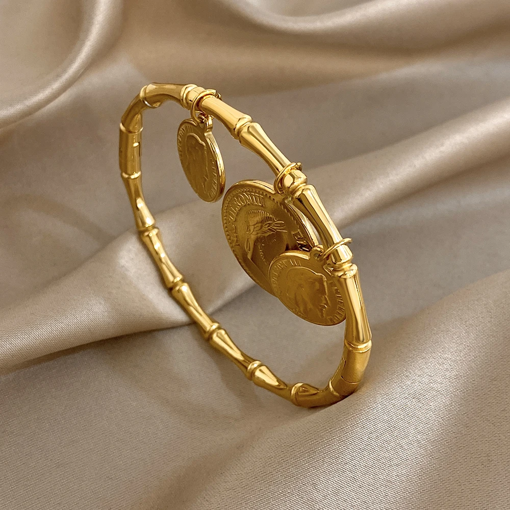 Freetry New Glossy Stainless Steel Bamboo Joint Bangle Bracelet Women Vintage Statue Coin Pendant Bracelets Waterproof Jewelry