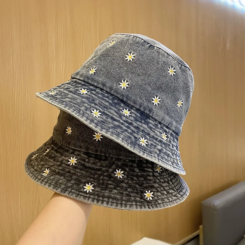 Denim Bucket Hats for Women Flower Embroidered Cowboy Hat Men Outdoor Sports Travel Sun Cap for Men