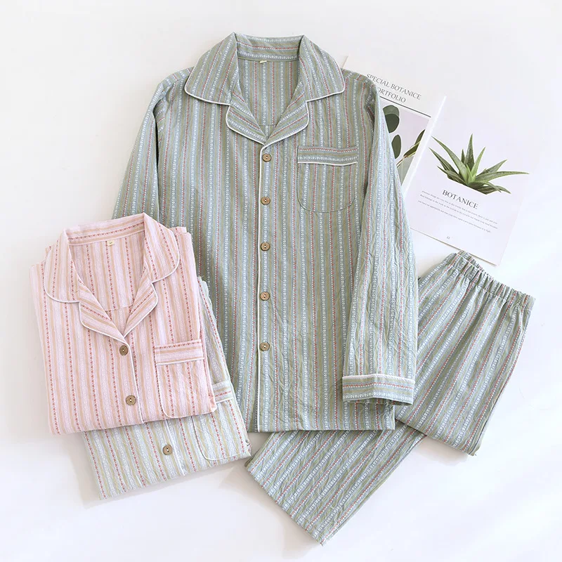 Couple Pyjamas Cotton Homewear Striped Lapel Shirt Pants Sleepwear Men and Women's Pajamas Set