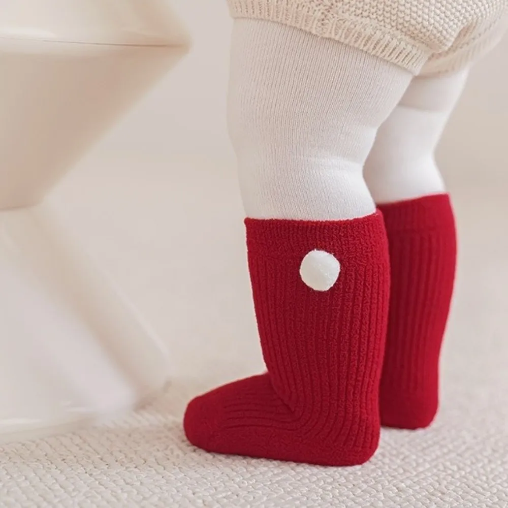Cute Soft New Year Infant Socks Cotton Warm Red Socks Ball Stripe Thickened Velvet Toddler Socks Winter