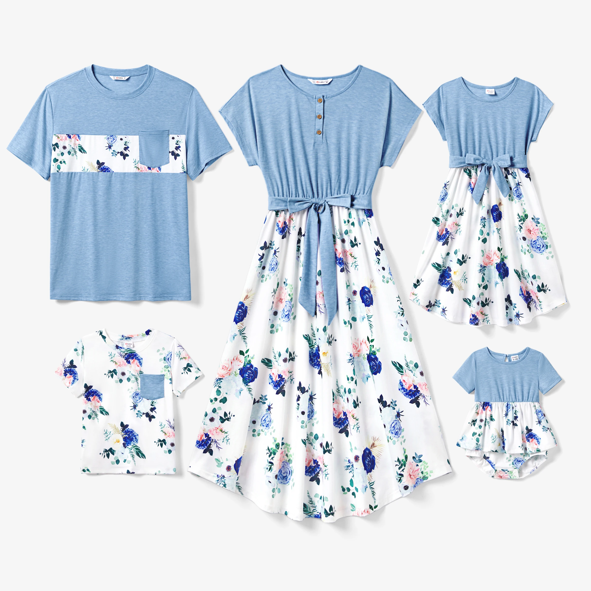 

PatPat Family Matching Floral Colorblock T-Shirt and Quarter Button Belted Spliced A-Line Dress Sets