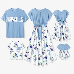 PatPat Family Matching Floral Colorblock T-Shirt and Quarter Button Belted Spliced A-Line Dress Sets