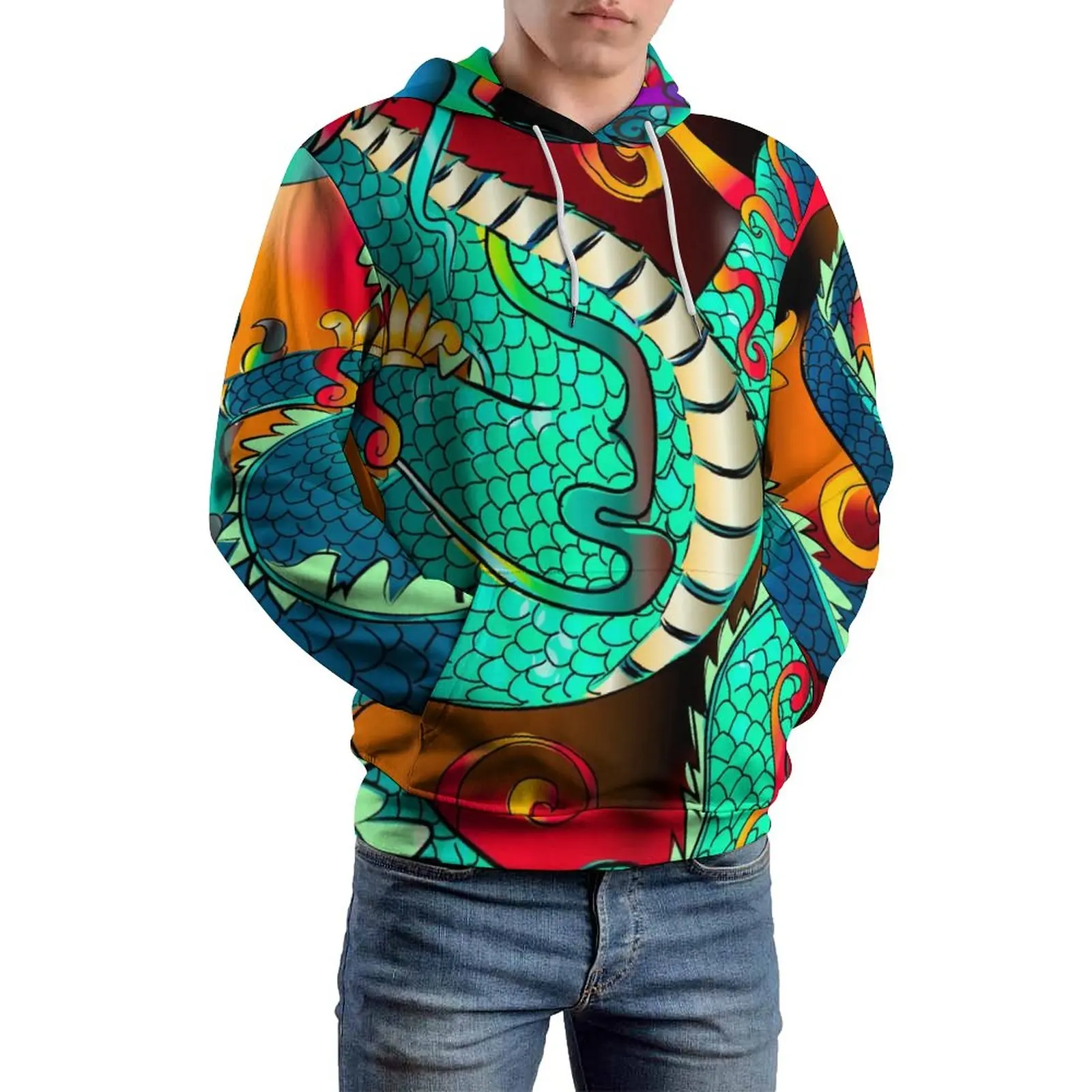 Green Chinese Dragon Casual Hoodies Man Dance Animal Print Modern Hooded Sweatshirts Autumn Long Sleeve Loose Oversized Hoodie