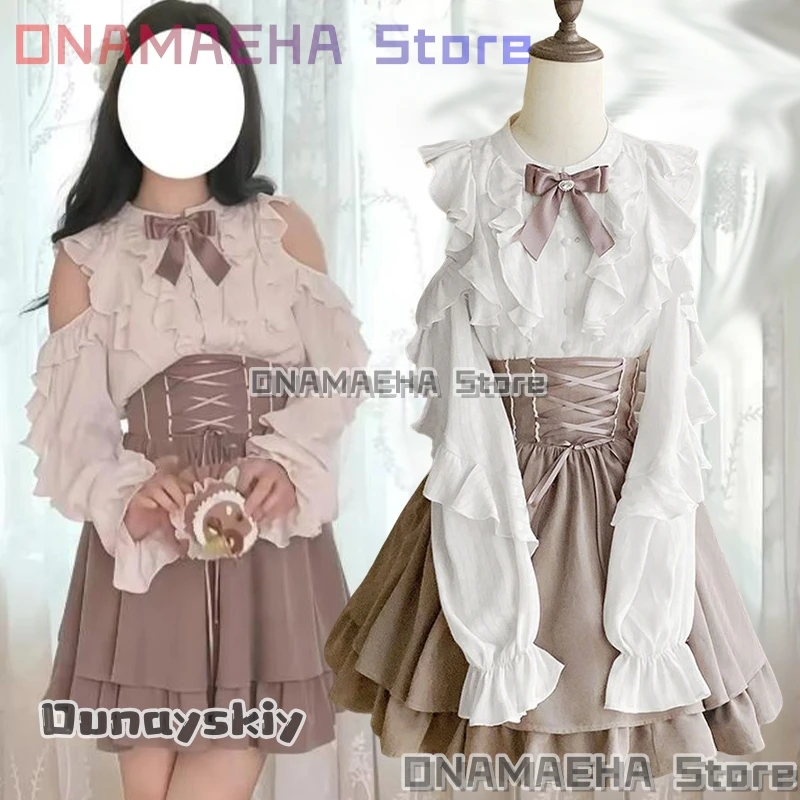 

ONAMAEHA@Cosplay Elegant Sweet Girls Bowknot Shirt Derss Costume High Waist Tie Short Skirt Two-Piece Set Girl Uniform Halloween