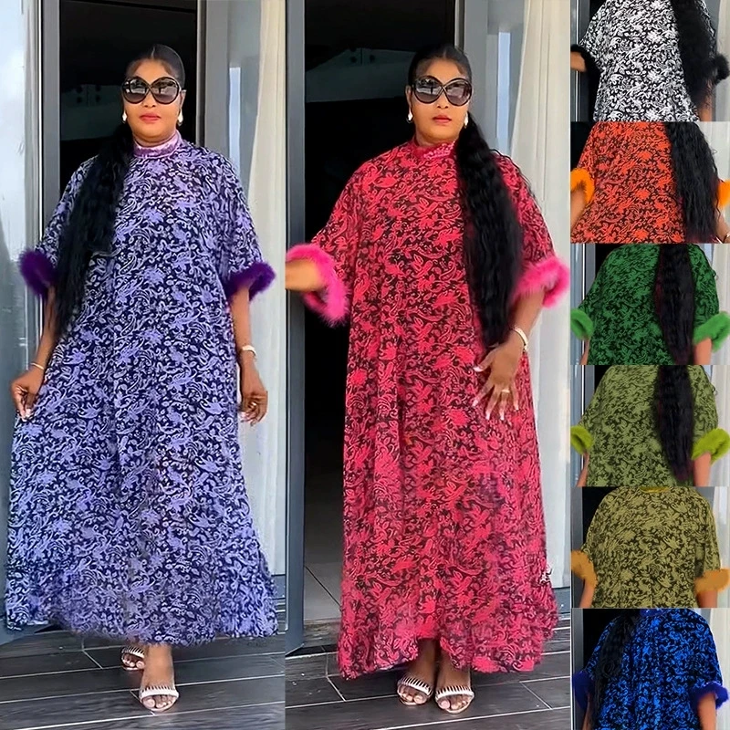 

African plus size women's four sided bounce Amazon round neck printed long skirt Muslim fashion Arab Dubai batsleeved loose dres
