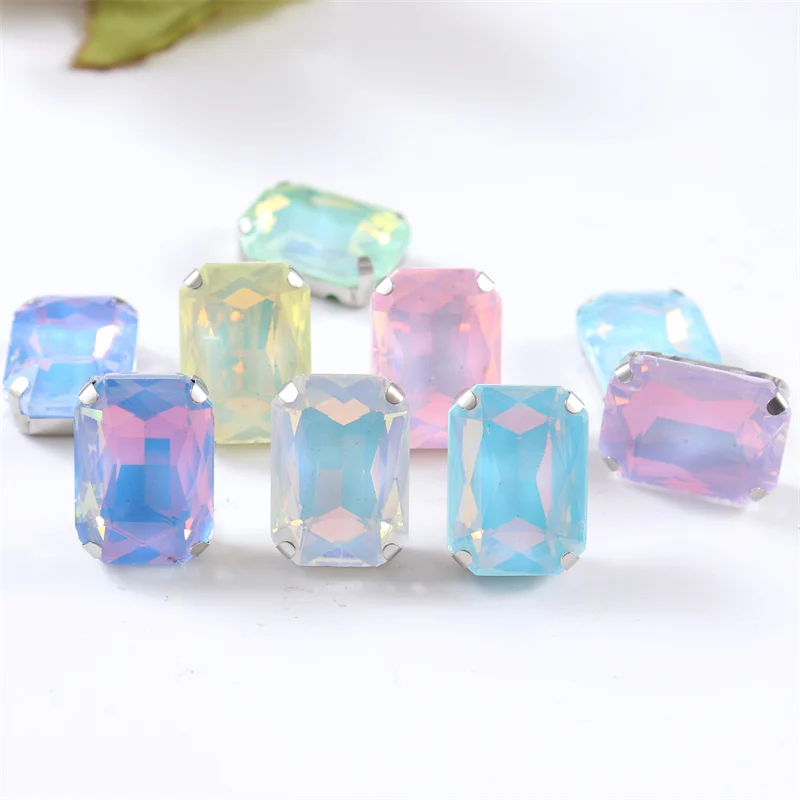 Rectangle Glass Rhinestones with Sliver Claw crystal sew on gemstones decorations for clothes shoes bags needlework