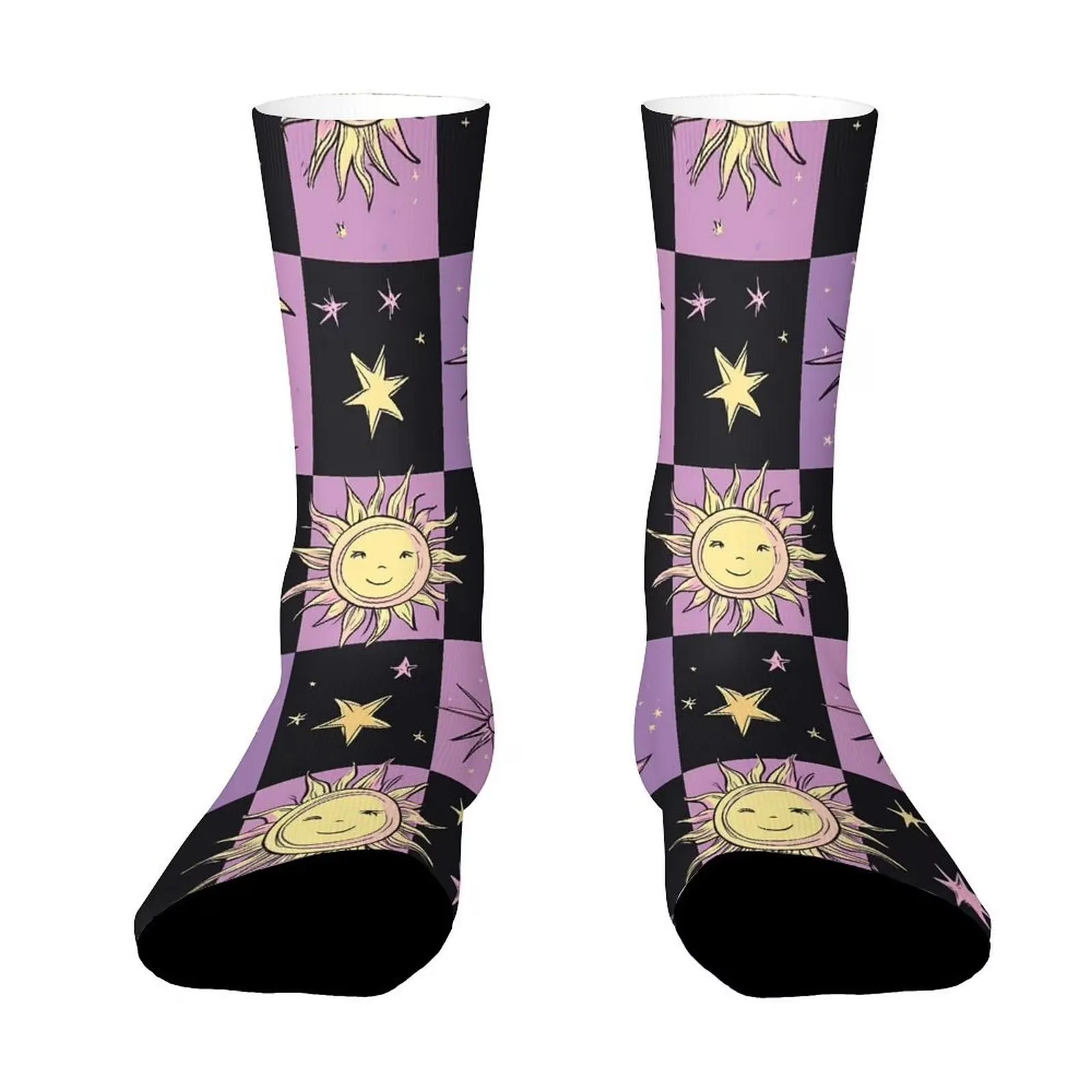 Celestial Sun Star Checkerboard Crew Socks for Women Men Novelty Casual Sports Socks