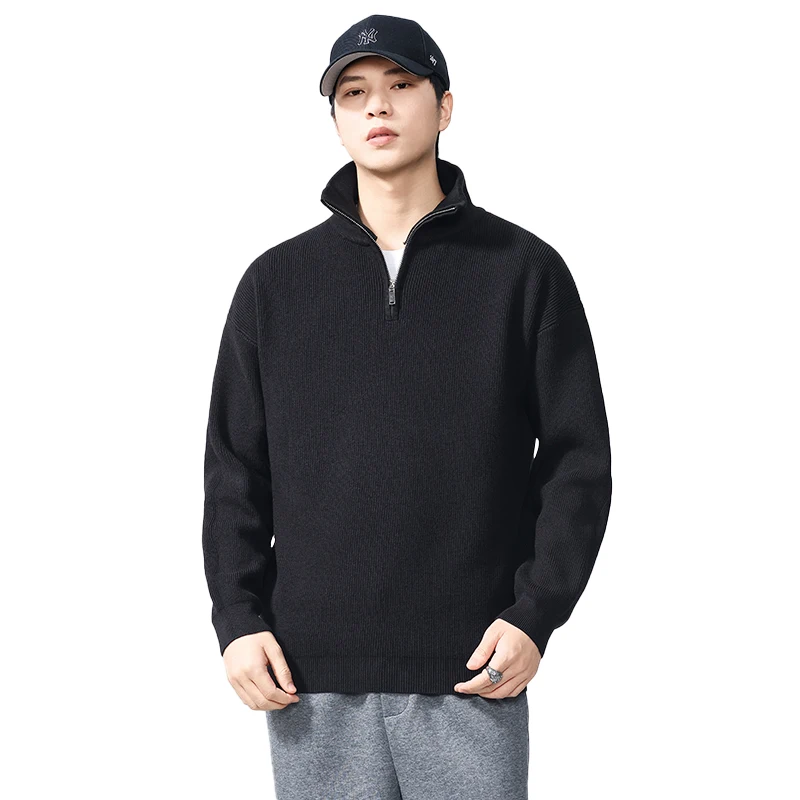 Otoño Invierno cuello alto Vintage suéter hombres cuello alto cremallera suelta Casual moda Jersey suéter de punto hombre Jumper Tops