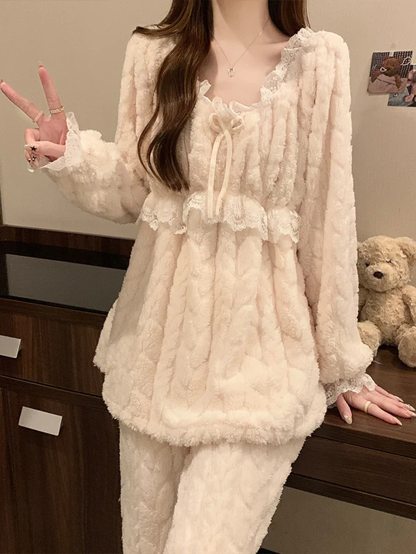 Women's Sleepwear Fleece Lined Thickened Coral Velvet Home Clothes Sweet Style Long Pants round Neck Overhead Autumn Winter