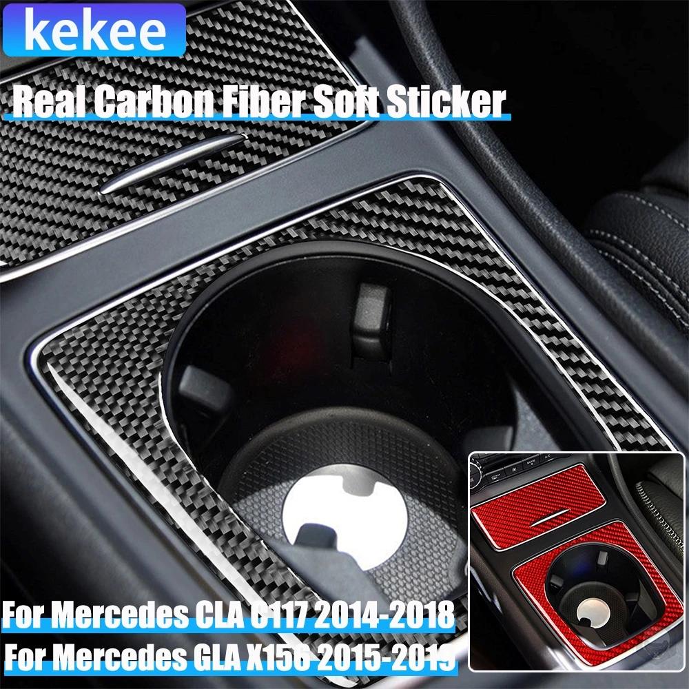 

Real Carbon Fiber Car Accessories Center Cup Holder Set Cover Soft Sticker For Mercedes CLA C117 2014-2018 GLA X156 2015-2019