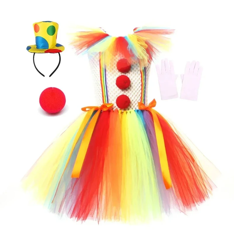 Doll Clown Costume Girl Kids Halloween Circus Tutu Dress with Hairclip Stockings Kids Funny Role Play Carnival Dress Up Outfits