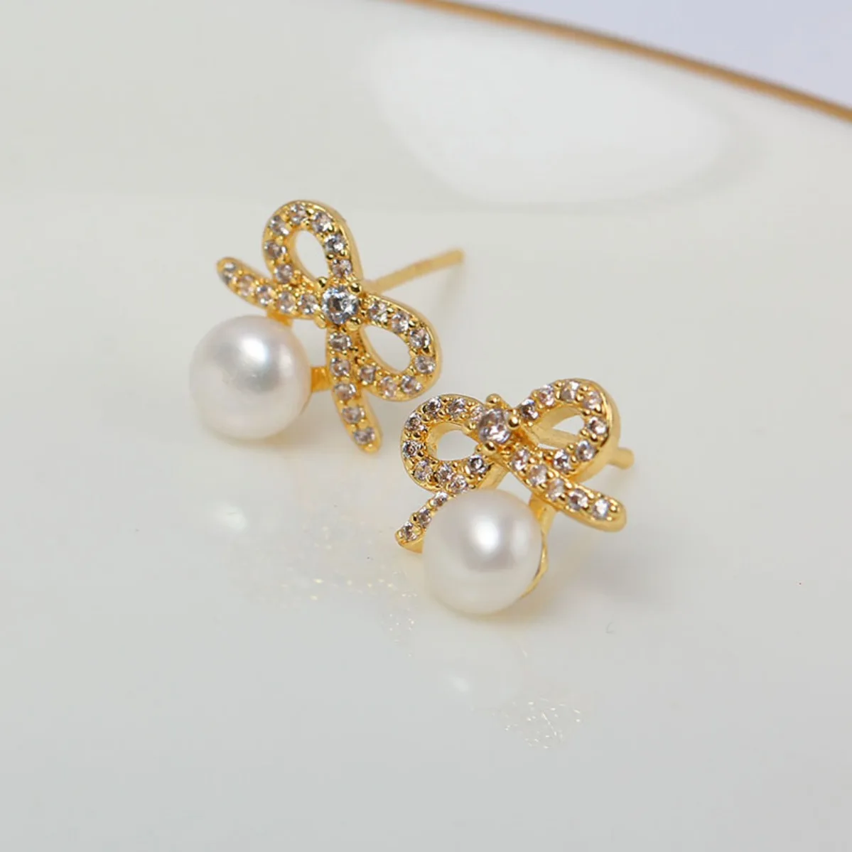 Sweet Women Brass 14K Gold Filled Real Gold Plated Tiny Bow Blank Setting Handmade Findings For DIY Pearl Stud Earring