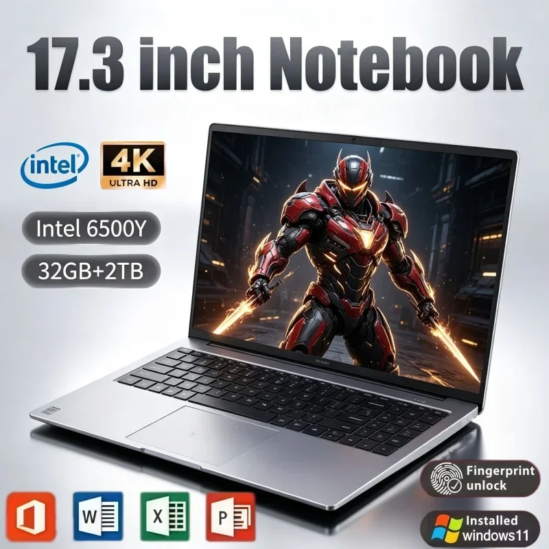 17.3 Inch Laptop Intel Core 6500Y Windows 11 32GB RAM 2TB SSD Fingerprint Unlock Lightweight Notebook For Office Home Game Use