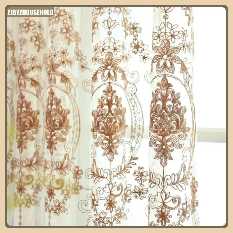 

European Embroidered Flower Curtains for Living Dining Room Bedroom Fabric Curtains Coffee Color New Door Curtains Windows Lace