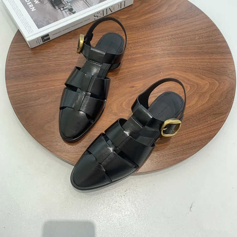 

Летние женские сандалии из воловьей кожи в стиле ретро, женская обувь с закрытым носком, винтажные гладиаторы с острым носком и пряжкой на ремешке, одинарные туфли в римском стиле