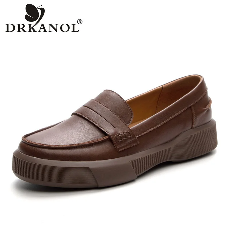 

DRKANOL 2025 Ретро-стиль Туфли на плоской подошве Женские лоферы без шнуровки из натуральной воловьей кожи с круглым носком Неглубокие низкие женские туфли Большой размер 43
