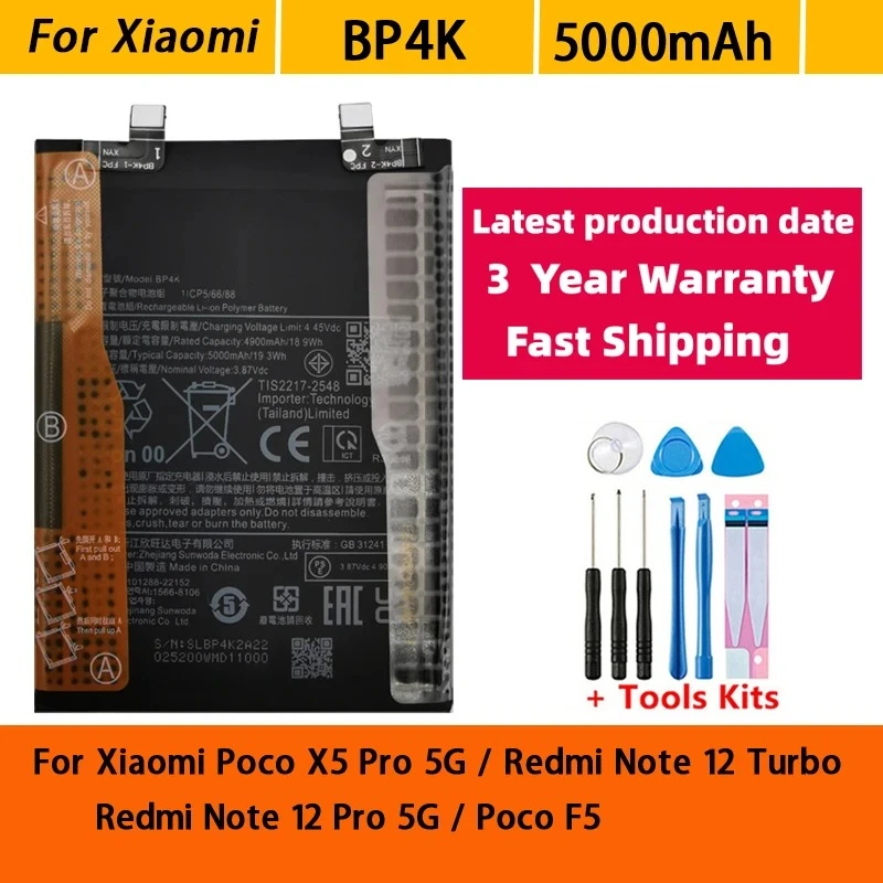 BP4K Battery 5000mAh For Xiaomi Poco X5 Pro 5G /REDMI Note 12 Pro/Poco F5 /Note 12 Turbo Battery Batteries+Tools Fast Shipping
